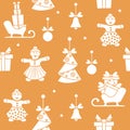 Seamless pattern with christmas and new year symbols. Christmas trees origami, gingerbread man, bells, balls, sledges, gifts Royalty Free Stock Photo