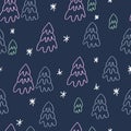 Seamless pattern on Christmas and New Year theme, with hand drawn snow fir trees on deep blue background, for gift wrap