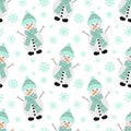 Seamless pattern for Christmas and New Year. Vector hand-drawn illustration of a merry snowman in a scarf and hat with blue snowfl