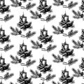 Seamless pattern with Christmas objects Christmas candle sketch. Christmas tree branches Vector illustration. Royalty Free Stock Photo