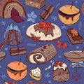 Seamless pattern with christmas pastry. Endless texture for festive design, restaurant and cafe menu, decoration. Dark blue