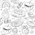 Seamless pattern with christmas pastry. Endless texture for festive design, restaurant and cafe menu, decoration. Black and white