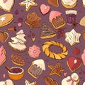 Seamless pattern with christmas pastry. Endless texture for festive design, restaurant and cafe menu, decoration. Dark background