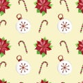 Seamless pattern with Christmas plant poinsettia, Christmas tree decoration and candy cane. Royalty Free Stock Photo
