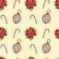 Seamless pattern with Christmas plant poinsettia, Christmas tree decoration and candy cane. Watercolor illustration Royalty Free Stock Photo