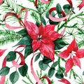 seamless pattern with christmas plants. red green print with poinsettia flowers and eucalyptus leaves on white background Royalty Free Stock Photo