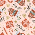 Christmas mug of cocoa, red presents, snowflakes and stars rustic seamless pattern on pink background