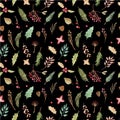 Seamless pattern Christmas print Floral elements flowers, branches, pine, berries , leaves on a black background. Vector Royalty Free Stock Photo