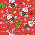 Seamless Pattern Christmas With Rabbit Santa Claus, christmas background. Cartoon Illustration.