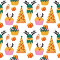 Seamless pattern with Christmas set cute food Pizza, Ice cream, Cupcakes