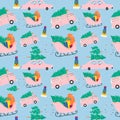 Seamless pattern with Christmas sleigh with gifts and Christmas tree