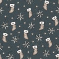 Seamless pattern with christmas socks and snowflakes on a dark grey background. New Year illustration for holiday Royalty Free Stock Photo