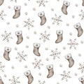 Seamless pattern with christmas socks and snowflakes on a white background. New Year illustration for holiday packaging
