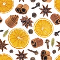 Seamless pattern of christmas spices for decoration. Ingredients for mulled wine isolated on white background