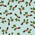 Seamless Pattern with Christmas Symbol - Holly Leaves on Mint Background.