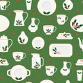 Seamless pattern of christmas tableware items. Ceramic kitchen utensils or crockery. Cups, dishes, bowls, pitchers