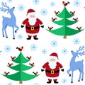 Seamless pattern with Christmas reindeer and Santa Claus in the winter forest.