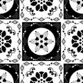 Seamless pattern. Christmas theme. Pretty mandalas with angels and hearts. Black and white. Vector illustration.