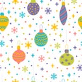 Seamless pattern with Christmas toys, balls and bubbles. Cute background with colorful design elements. Winter holidays. Happy New Royalty Free Stock Photo