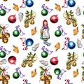 Seamless pattern with Christmas toys and decorations isolated on white background