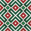 Seamless pattern in Christmas colors. Ethnic and tribal motif. Repeated geometric forms. Colorful ornamental background