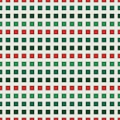 Seamless pattern in Christmas traditional colors with repeated squares. Horizontal dashed lines abstract background