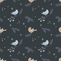 Seamless pattern with Christmas tree, bird, star, berry isolated on dark blue background.