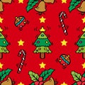 Seamless pattern with Christmas tree, candy canes and holly berry. Royalty Free Stock Photo
