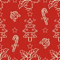 Seamless pattern with Christmas tree, candy canes and holly berry. Royalty Free Stock Photo