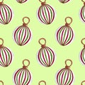 Seamless pattern with Christmas tree decoration. Hand painted watercolor illustration on light green background Royalty Free Stock Photo