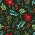 Seamless pattern with Christmas Tree Decorations, Pine Branches, poinsettia, berries. Royalty Free Stock Photo