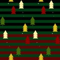 Seamless pattern. Christmas tree design isolated on green, red, black striped background. Stylish pattern concept for wrapping. Royalty Free Stock Photo