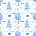 Seamless pattern with christmas tree, hoarfrost tree, garlands, flag, presents, gift boxes, stars, confetti. Watercolor background Royalty Free Stock Photo