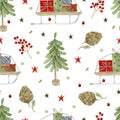 Christmas tree and gifts on sledge seamless pattern watercolor background Royalty Free Stock Photo