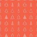 Seamless pattern with Christmas tree with toys. Red and white silhouette with black line Royalty Free Stock Photo