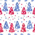 Seamless pattern with Christmas trees of blue and red color isolated on a white background. Abstract pattern collage of watercolor