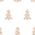Seamless pattern with christmas trees in boho style. Flat new years trees with stars in beige color