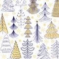 Seamless pattern with Christmas trees, golden stars and snowflakes on white. Christmas or New Year background. Vector. Royalty Free Stock Photo