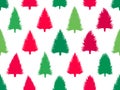 Seamless pattern with Christmas trees green and red color on white background. Festive design for greeting cards, wrapping paper, Royalty Free Stock Photo