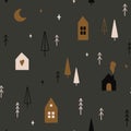 Seamless pattern with Christmas trees, moon, stars and cute scandinavian houses. Royalty Free Stock Photo