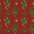 Seamless pattern with Christmas trees in pots on a red background. New Year decor Royalty Free Stock Photo