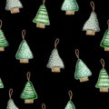 Seamless pattern. Christmas trees sewn from fabric. Handmade toys for the new year. Watercolor