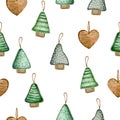 Seamless pattern. Christmas trees sewn from fabric. Wood hearts. Handmade toys for the new year. Watercolor