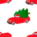 Seamless pattern of Christmas trucks. Vector cartoon background