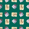 Seamless pattern for Christmas with watercolor illustrations of presents on green backdrop.