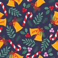 Seamless pattern for Christmas wrapping paper or textile. Repeat busy pattern design with bells, foliage, berries and candy canes