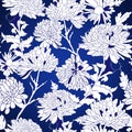 Seamless pattern with chrysanthemum. Flowers, leaves on blue background. Abstract pattern in floral style. Royalty Free Stock Photo