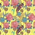 Seamless pattern of cinnamon satin, blue NCS color and liver dogs color rose and tulip flower with auburn color banana leaf on