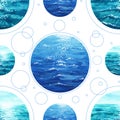 Seamless pattern. The circle in which the landscape is inscribed. Blue water with waves and sun highlights.