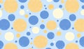 Seamless pattern with circles of blue, yellow and white on a light blue background. Scattered design Royalty Free Stock Photo